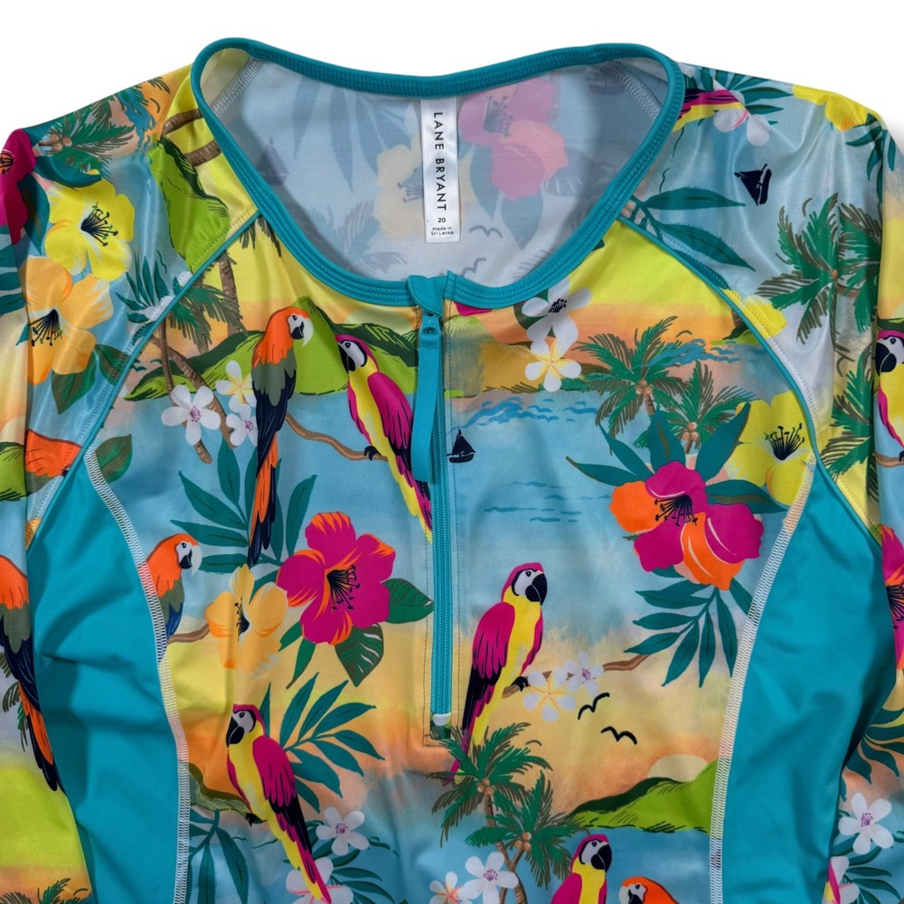 Lane Bryant Rash Guard Women Size 20 Tropical Parrot Floral Quarter Zip Swim Top